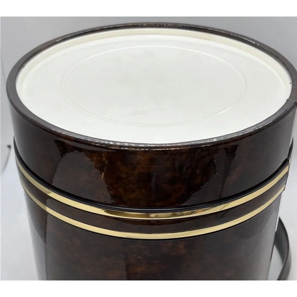 Mid-Century Faux Brown Tortoise Shell Vinyl Ice Bucket Vintage Man Cave